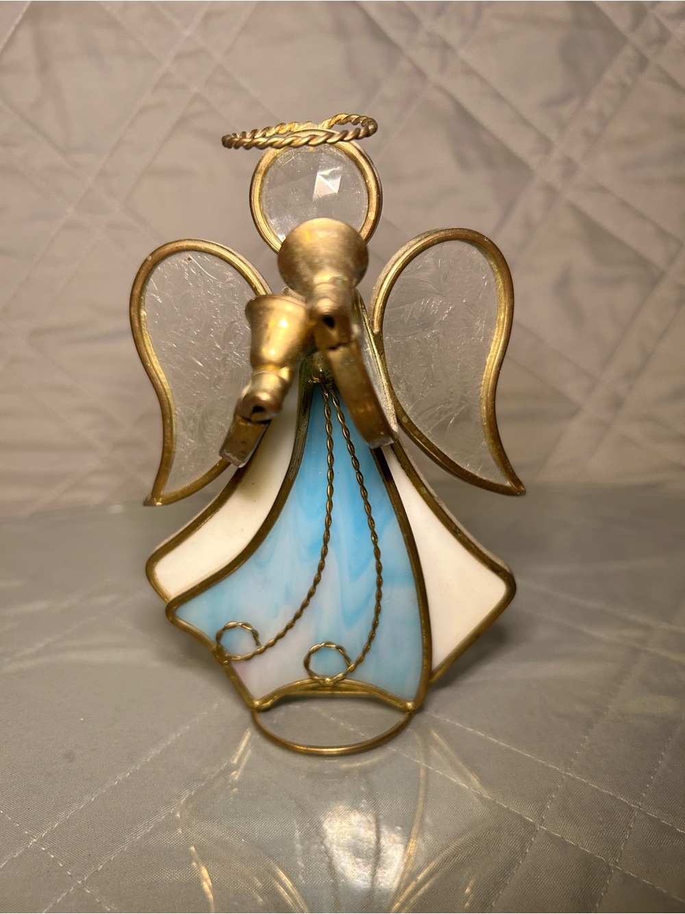 VintageStained Glass Angel Figurine Free Standing Iridescent Blue Frosted Clear